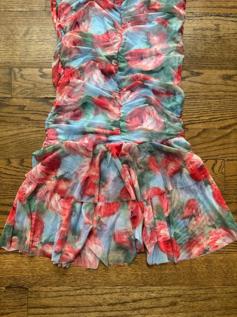 Lulus Ruched Mesh Floral Midi Dress Mermaid Hem Cutout Size S NWT - Picture 3 of 6